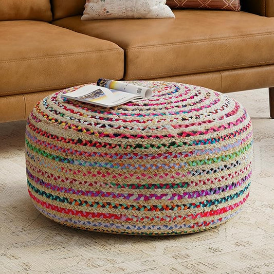SIMPLIHOME Margo Boho Contemporary Round Large Pouf in Multi Color for the Living Room, Bedroom and Kids Room