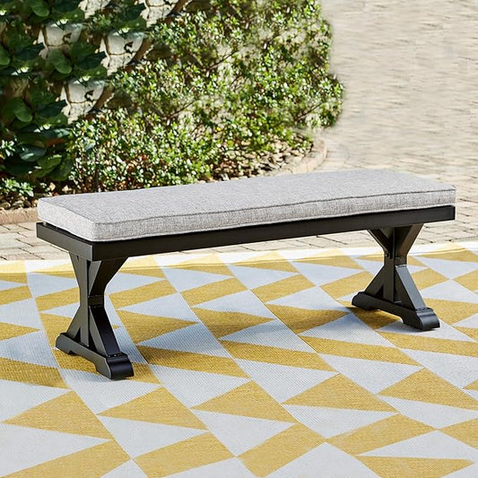 Signature Design by Ashley Beachcroft Casual Nuvella Weather Resistant Fabric Outdoor Bench with Cushion, Light Gray & Black