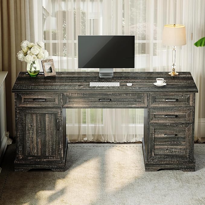 Casaottima 59 Inch Wood Farmhouse Office Desk with Drawers, Executive Computer Desk with File Cabinet & Charging Station for Home Office, Oak