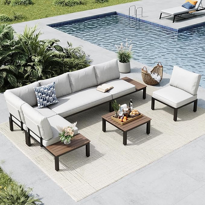 MFSTUDIO 6 Pieces Patio Furniture Set, Outdoor Sectional Metal Frame Patio Conversation Set, Modular Outdoor Couch with Coffee Table&Removable Cushion for Backyard, Garden