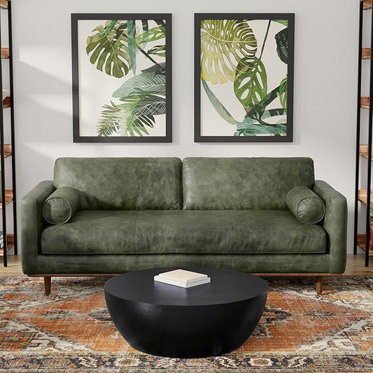 SIMPLIHOME Morrison 89-inch Wide Sofa in Moss Green Genuine Leather, Mid-Century Modern Design Couch for Living Room, Single Bench Cushion, 2 Back Cushions, 2 Bolster Pillows