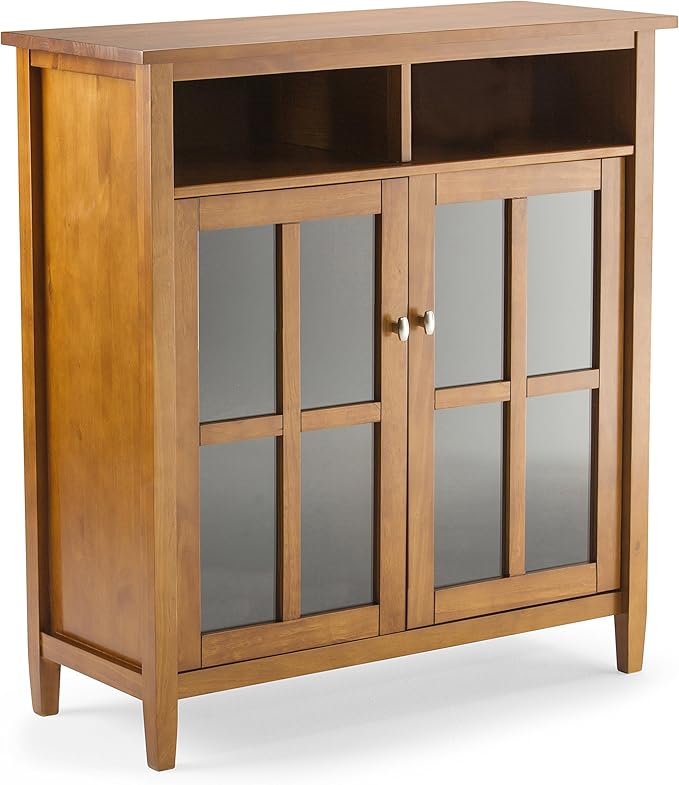 SIMPLIHOME Warm Shaker SOLID WOOD 39 inch Wide Transitional Medium Storage Media Cabinet in Light Golden Brown for the Living Room, Entryway and Family Room