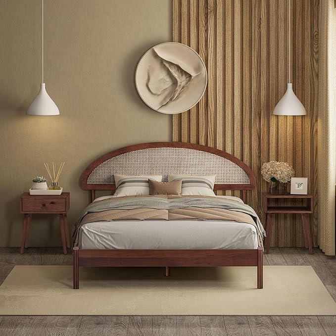 NTC Gem Wooden Bed Frame with Headboard and Natural Rattan, Solid Oak/Rubber Wood Foundation with Silent Slats, 1000 Lb Capacity, Effortless Assembly (Natural Cane - Dark Walnut, Queen)