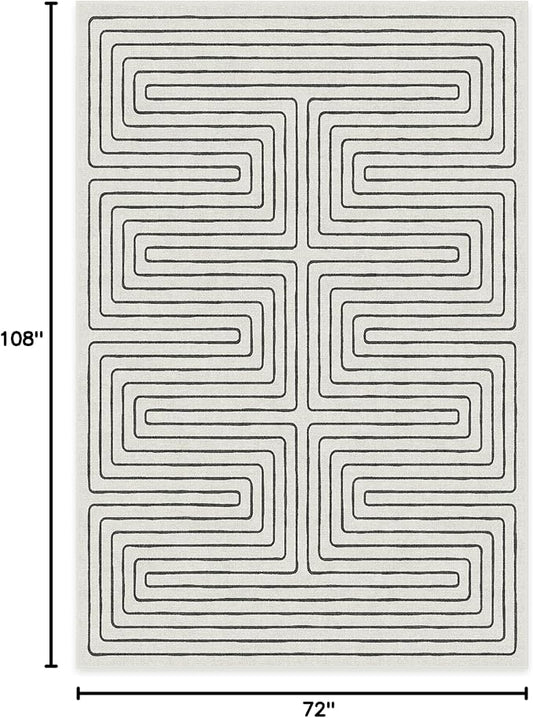 RUGGABLE x Jonathan Adler Machine Washable Modern Area Rug – Labyrinth Black/Ivory 6x9, Stain-Resistant, Non-Slip – Medium Rugs for Living Room, Bedroom, Hallway, Entryway & Office–with Cushioned Pad