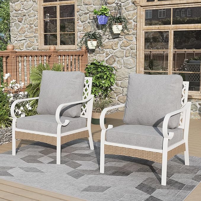Patio Chairs Set of 2, Outdoor Sofa Chairs with Deep Seating and 5.5" Cushions, Steel Frame Porch Furniture for Lawn Backyard Deck, Light Grey