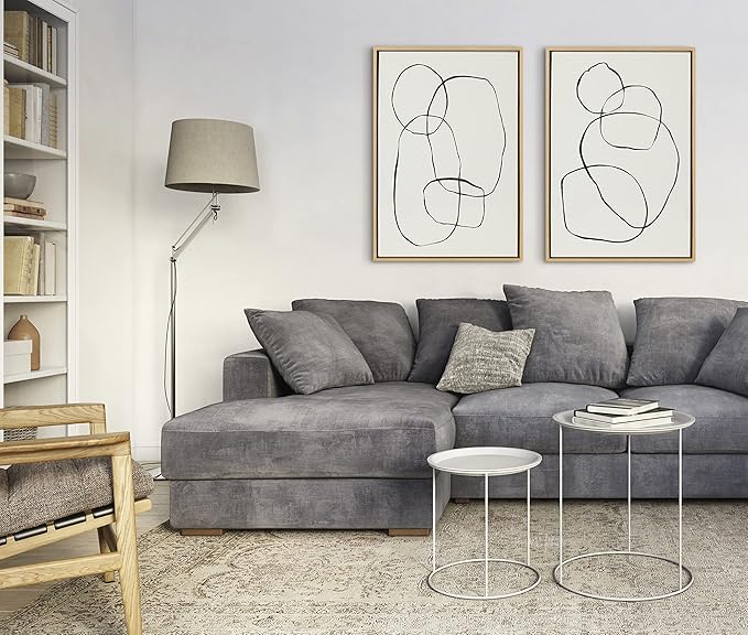Kate and Laurel Sylvie Modern Circles and Going in Circles Framed Linen Textured Canvas Wall Art Set by Teju Reval of SnazzyHues, 2 Piece 23x33 Natural, Decorative Abstract Art Prints for Wall