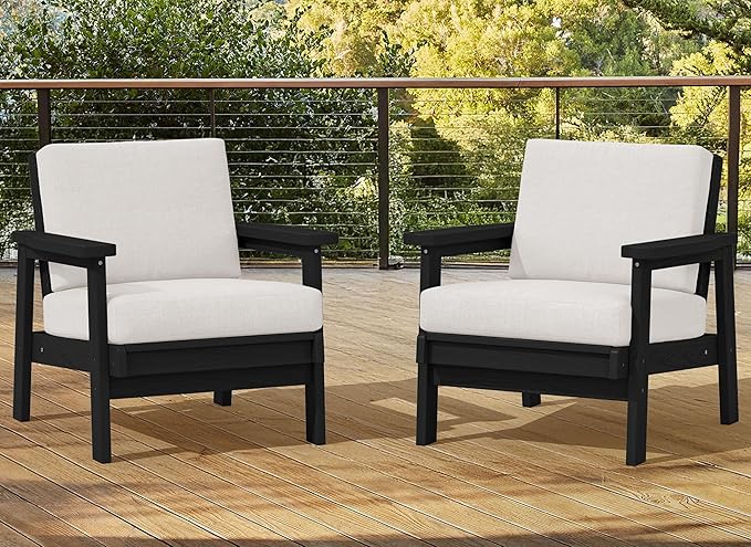 SERWALL HDPE Outdoor Couch Set of 2, All-Weather Wood-Like Outdoor Patio Furniture Set, Black Outdoor Sofa Chairs with Khaki Cushions