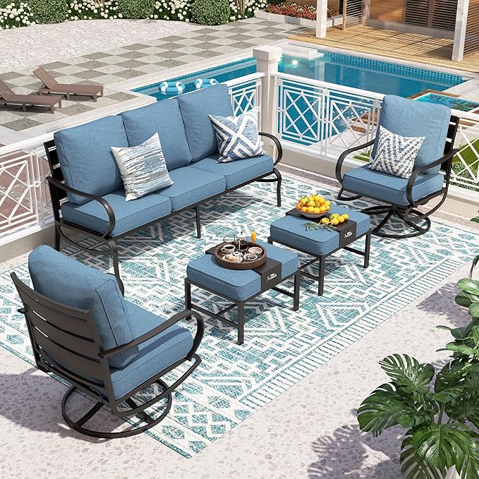 PHI VILLA 5 PCS Patio Furniture Set,Metal Deluxe Patio Set with 1 x 3 Seater Deep Seating Bench, 2 x Swivel Sofa Chairs & 2 x Metal Cushioned Ottoman, Outdoor Patio Set for Garden, Navy Blue