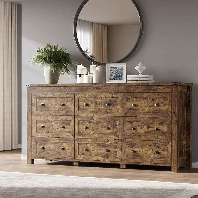 9-Drawer Dresser, Modern Wooden Storage Chest of Drawers, Dresser TV Stand, Wood Drawer Organizer with Metal Handles for Bedroom, Living Room, Hallway