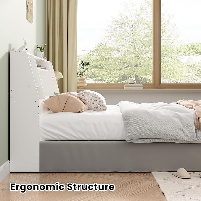Queen/Full Headboard Queen Size with Storage, Wood Bookcase Headboard with Charging Station & 2 LED Lights, Modern Headboard Only for Queen Size Bed, Noise-Free, Sturdy and Durable, White
