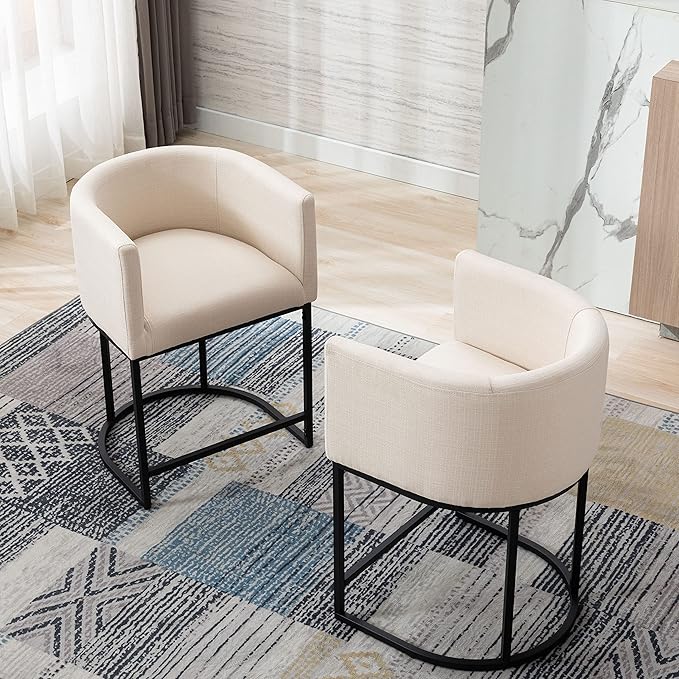 Contemporary Cream Linen Bar Stools Set of 2, 24" Upholstered Fabric Counter Height Barstools Kitchen Counter Island Stools with Black Metal Base, Cream