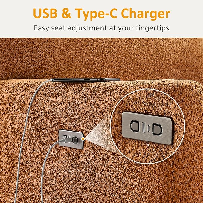VANOMi Power Swivel Glider Recliner Chair, Electric Nursery Rocker Recliner Chair, USB & Type-C Charger, Boucle Curry