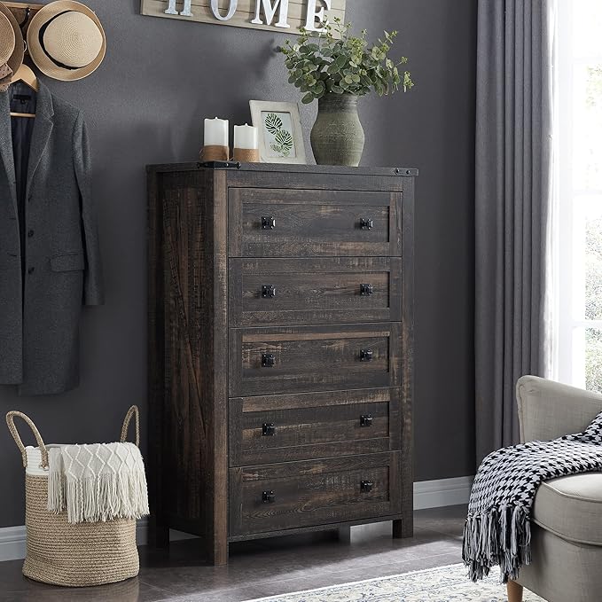 T4TREAM Farmhouse 5 Drawers Dresser Chests for Bedroom, Wood Rustic Tall Chest of Drawers, Dressers Organizer for Bedroom, Living Room, Hallway, Dark Rustic Oak