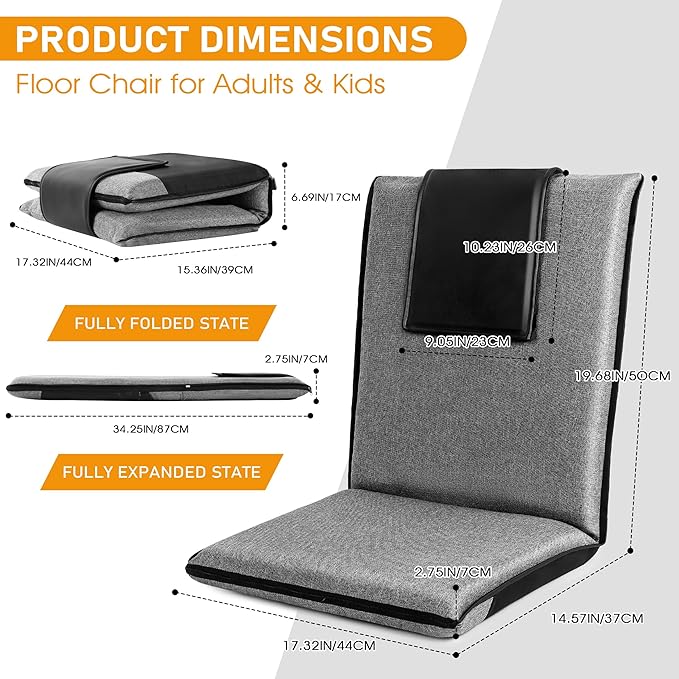 Floor Chair with Water Repellent Fabric 14-Position Adjustable Floor Chair with Back Support Portable Floor Seat for Adults Foldable Meditation Seat with Washable Cover (Dark Grey)