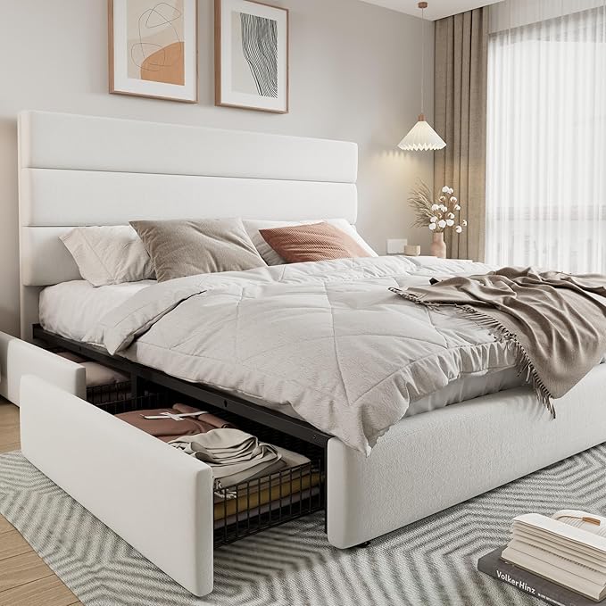Allewie Modern King Size Platform Bed Frame with 4 Storage Drawers and Velvet Upholstered Headboard, Wooden Slats Support, Upholstered Mattress Foundation/No Box Spring Needed/Easy Assembly, White