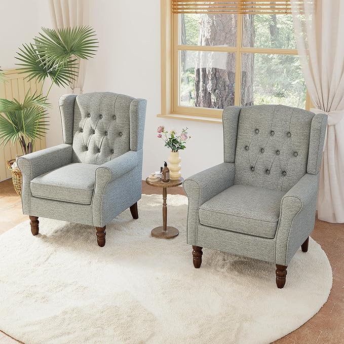 Lumibee High Back Accent Chair Set of 2,Upholstered Wingback Armchair with Solid Wood Legs for Small Spaces,Comfy Single Sofa Chair for Living Room,Bedroom,Office-Light Gray