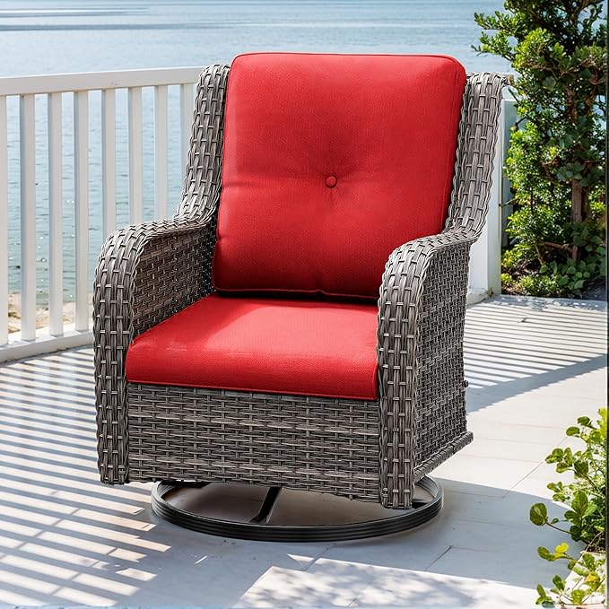 Outdoor Swivel Rocker Patio Chair - Outdoor Wicker Patio Glider Chair with Olefin Fabric Cushions Suitable for Backyard Deck and Porch, Red