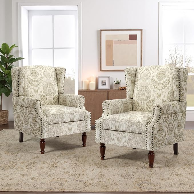 Wingback Accent Chairs Set of 2, High Back Upholstered Armchair, Printed Fabric Wingback Arms Chairs with Wood Legs, Single Sofa Reading Chair for Bedroom Living Room, White