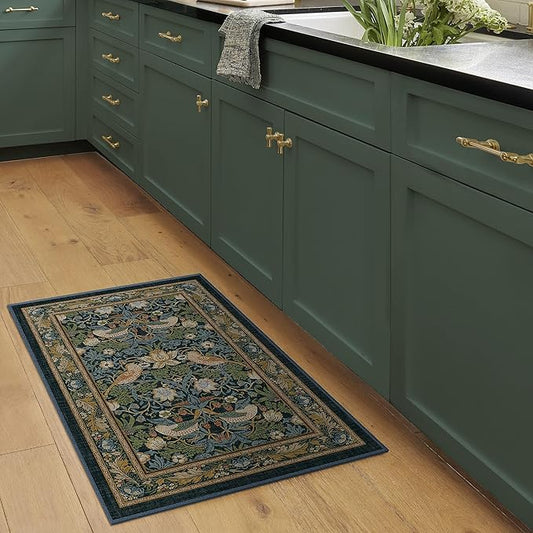 RUGGABLE x Morris & Co Washable Area Rug– Strawberry Thief Indigo 2x3, Stain-Resistant, Non-Slip – Small Machine Washable Rugs for Living Room, Bedroom, Hallway, Entryway & Bathroom–with Standard Pad