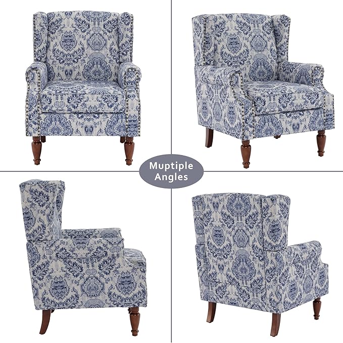 Lumibee Wingback Accent Chair,High Back Floral Armchairs in Fabric,Comfy Upholstered Reading Single Sofa Chair with Solid Wood Legs for Living Room,Bedroom,Office-Navy