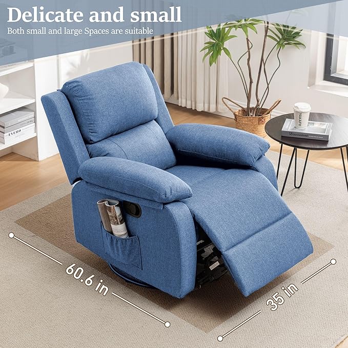 Recliner Chair, 360 Swivel Rocker Chair for Adults, Small Rocking Recliner Chair for Small Spaces, Upholstered Fabric Glider Recliner Nursery Chair with Side Pockets for Living Room, Nursery