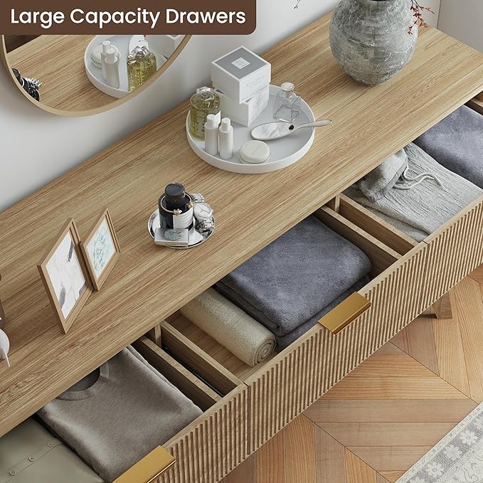 Fluted Dresser for Bedroom,59'' Modern Wooden Dresser with 9 Drawers, Bedroom Dressers, Natural Wood Chest of Drawers for Living Room, Hallway (Oak)