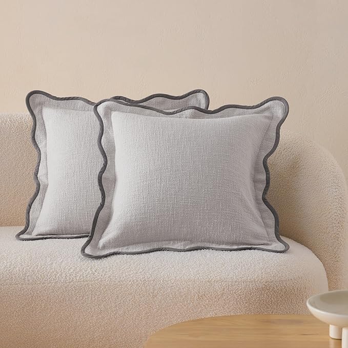 Double Stitch Scalloped Throw Pillow Covers - 100% Cotton Set of 2 Decorative Boho Pillow Covers 20 x 20, Made in India, Square Cushion Case, Modern Home Decor for Couch Sofa Living Room, Winter Sky