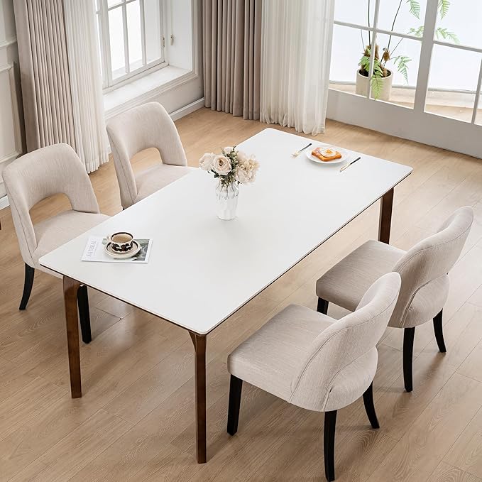 VKNOW Wooden Dining Chairs Set of 4, Modern Fabric Upholstered Dining Room Chair Kitchen Chairs, Farmhouse Dinner Chair for Kitchen Dining Room, Beige-Black Legs