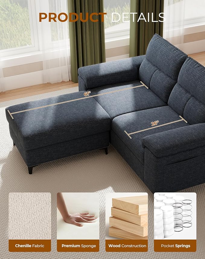71.25" L Shaped Sectional Couches for Living Room, Deep Seat Sofa with Big Storage Ottoman & 8”Cushion, Comfy 2-Seater Chenille Loveseat, Convertible Armrest, Removable Cover for Small Space(Blue)