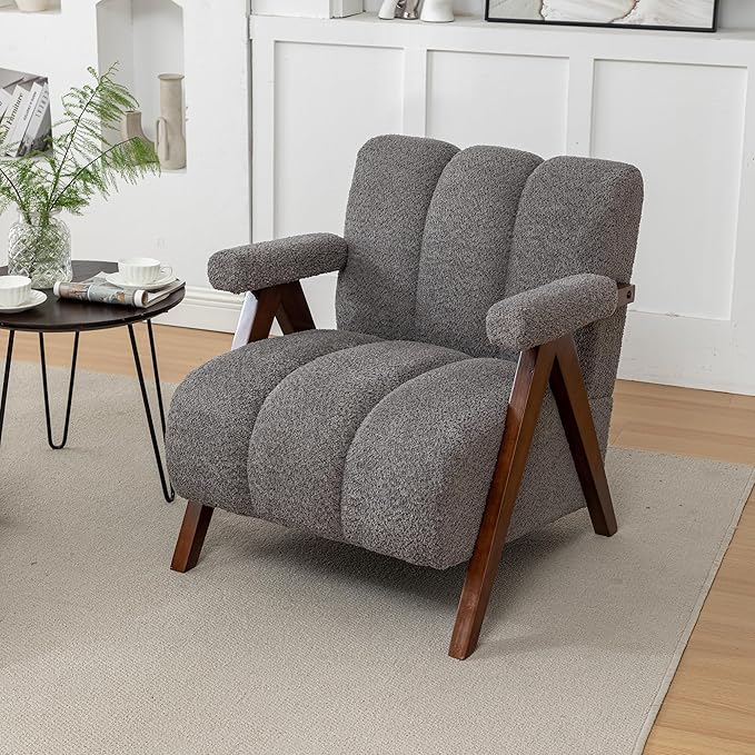 Mid Century Modern Accent Chair with Solid Wood Frame, Boucle Upholstered Living Room Chairs with Thick Cushion, Comfy Tufted Arm Chair for Bedroom, Grey