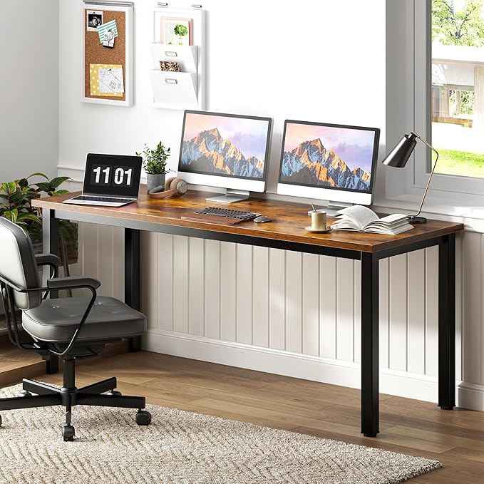 Need 63 Inch Large Computer Desk - Modern Simple Style Home Office Gaming Desk, Basic Writing Table for Study Student, Black Metal Frame, Rustic Brown