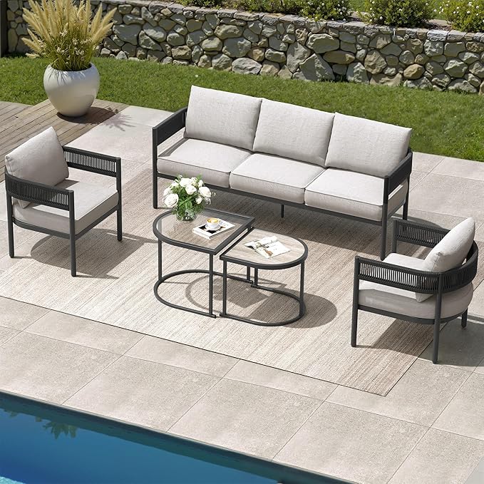 Grand patio 5-Piece Outdoor Furniture Set, 5 Seats Wicker Sofa Conversation Set with 3-Seat Couch, Thick Cushions and Coffee Table, for Backyard, Balcony, Garden (Beige)