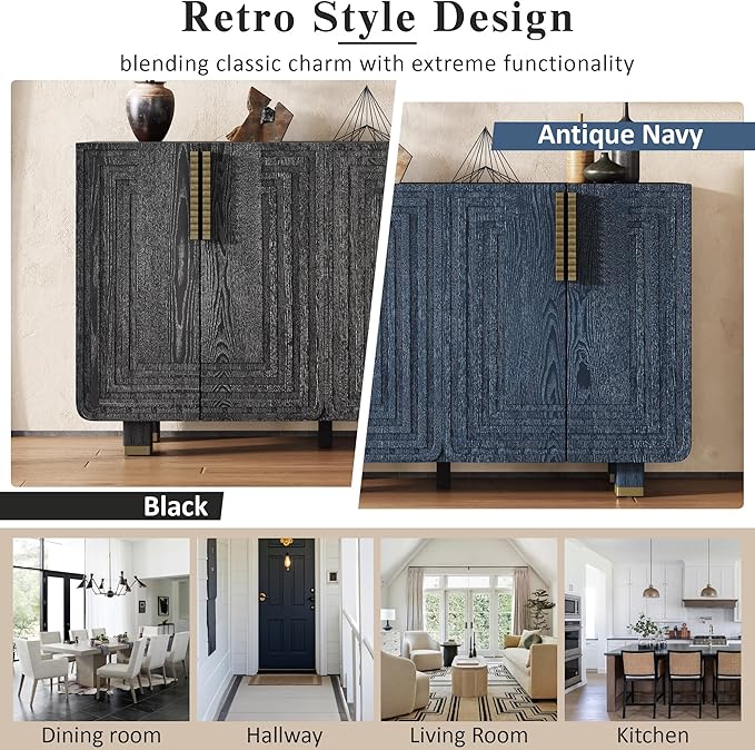 Merax Vintage Wood Storage Cabinet with Four Doors and Dark Gold Handles, Retro-Style Sideboard Buffet Cabinet with Adjustable Storage Shelves for Kitchen, Living Room, Dining Room, Hallway, Black