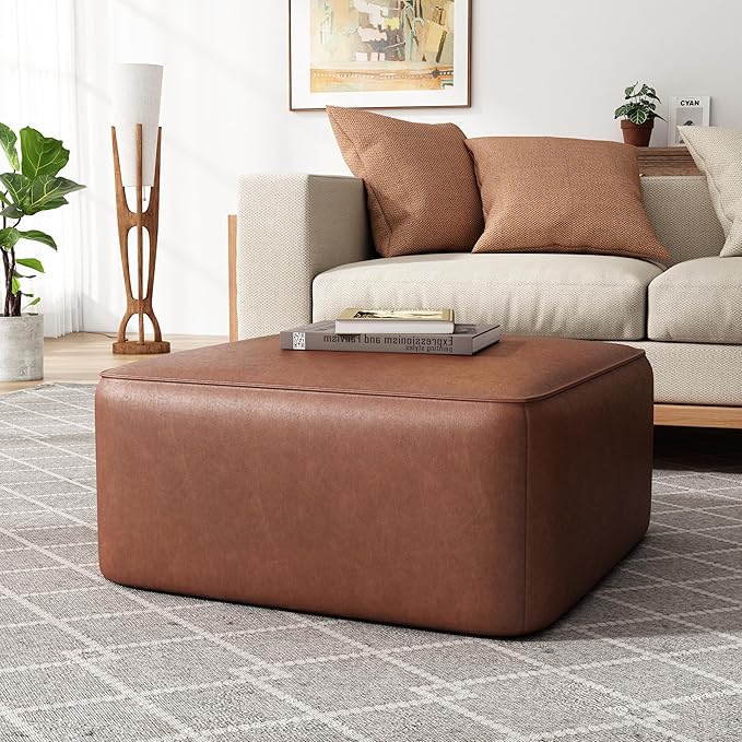 Christopher Knight Home Faux Leather Ottoman Footstool, Square Pouf Poufee Footrest Ottoman Large Seat, Modern Side Table for Living Room Bedroom Home Decor Gifts, Light Brown 30"