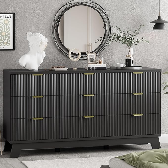 Fluted Dresser for Bedroom with 9 Drawers, 57" Wide Chest of Drawers with Metal Handle, Modern Wood Dresser TV Stand, Wooden Closet Clothes Storage Organizer for Living Room, Hallway, Black