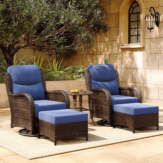 HILLGA Luxury Patio Furniture Set with 6-inch Thick Cushion, Outdoor High Back Swivel Rocker Patio Chairs, 5PCS Wicker Conversation Set for Deck Yard and Poolside, Blue (V2)