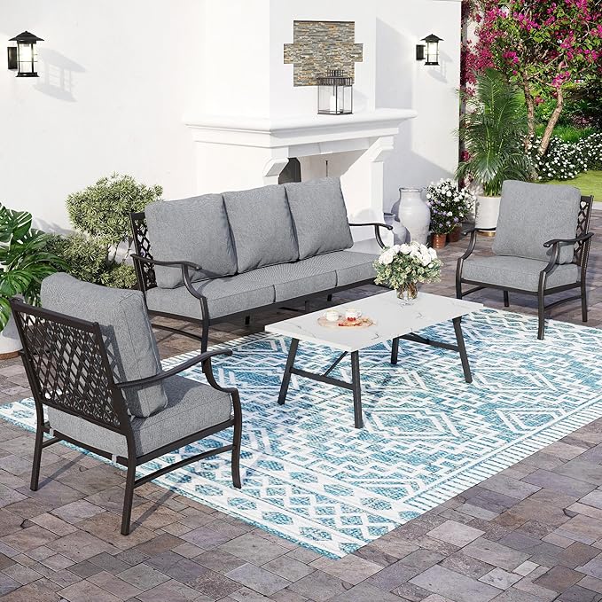 4 Piece Metal Outdoor Patio Furniture Sets, Patio Conversation Sets 1 3-seater Sofa, 2 Fixed Chair with 5.75" Extra Thick Cushion and Coffee Table, Black Frame Backyard Furniture, Gray
