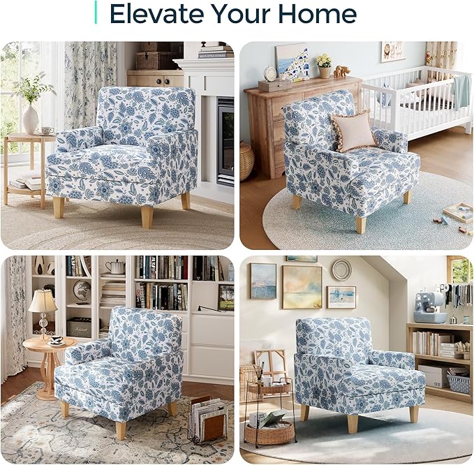 LINSY Floral Accent Chair, Large Armchair with Rubberwood Legs, Mid Century Upholstered Reading Chair, Comfy Oversized Single Sofa Chair for Living Room Bedroom Office Study, Floral Blue