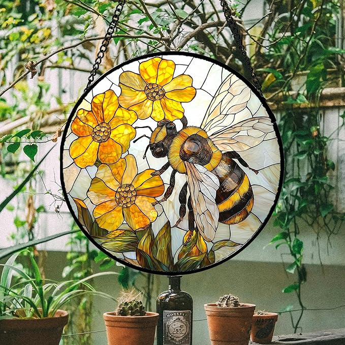 Stained Glass Window Hanging - Yellow Bees Gathering Flowers Sun Catcher for Door Garden Home Decor Cute Suncatcher Christmas Mother's Day Birthday Gifts for Women Men Mom Nana 11.8 in