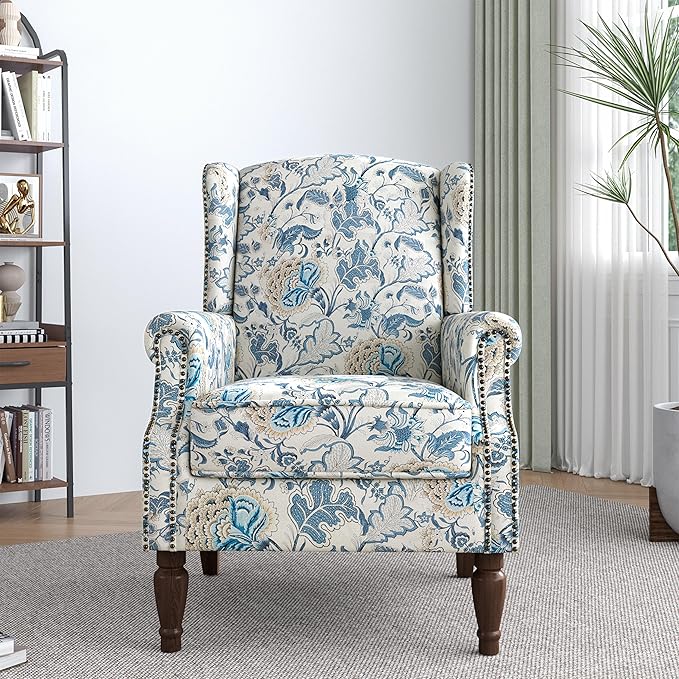 Lumibee High Back Accent Chair, Armchair in Fabric,Comfy Upholstered Wingback Single Sofa Reading Chair with Solid Wood Legs for Living Room,Bedroom,Office-Boho Blue