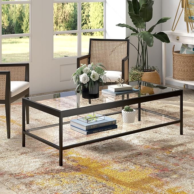 Henn&Hart 54" Wide Rectangular Rectangular Coffee Table in Blackened Bronze, Modern Rectangular Coffee Tables for living room, studio apartment essentials