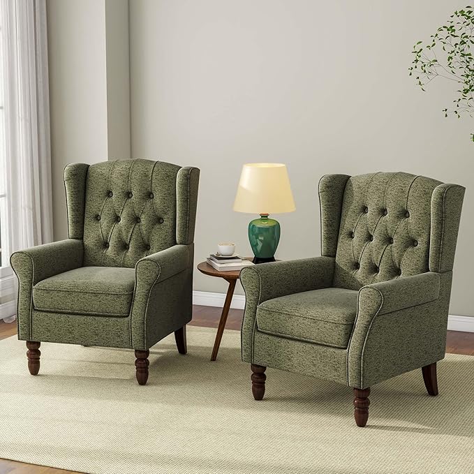 Accent Chair, Upholstered Armchair with Button Tufted High Back & Solid Wood Legs, Comfy Wingback Reading Single Sofa Chair for Small Spaces, Living Room, Bedroom-Green, Set of 1