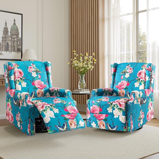 Premium 360° Swivel Recliner Chair with Footrest - Luxurious Cotton Linen & Botanical Design-Peacock Blue Rose
