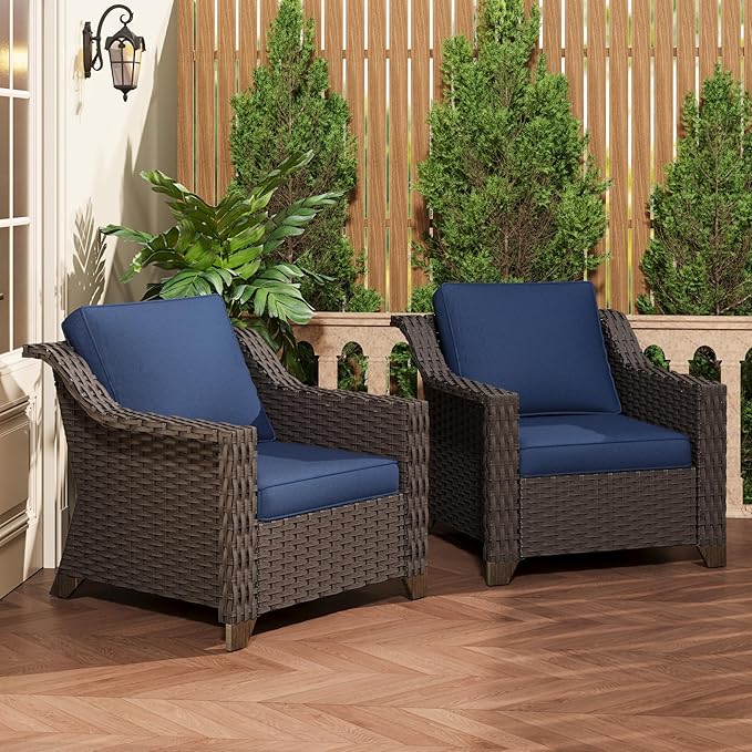 Patio 2 Pieces Wicker Chairs Set of 2,Outdoor PE Rattan Armchairs, Water-Resistant Cushions with Removable and Washable Covers, Porch, Balcony, Sunroom (Navy Blue)