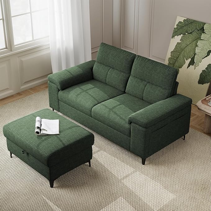 71.25" L Shaped Sectional Couches for Living Room, Deep Seat Sofa with Big Storage Ottoman & 8”Cushion, Comfy 2-Seater Chenille Loveseat, Convertible Armrest, Removable Cover for Small Space(Green)