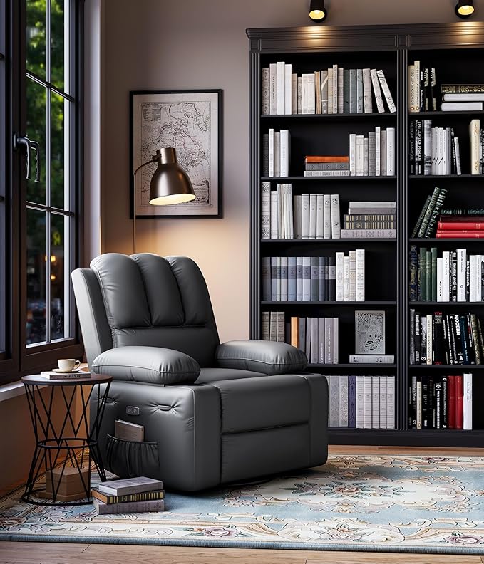 27" Oversized Power Recliner Chair, Faux Leather Rocking Chair with Heat & Massage, 360° Swivel Modern Electric Recliner with Cup Holder & USB Charging for Living Room, Bedroom, Nursery - Grey