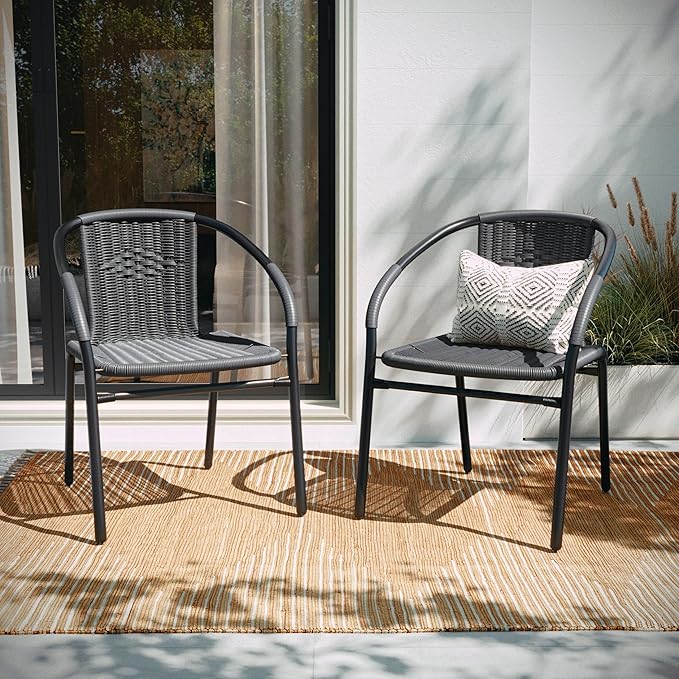 EMMA + OLIVER Set of 2 Modern Rattan Indoor/Outdoor Stack Chairs, Stacking Rattan Patio Chairs with Curved Back and Cross Bracing, Gray