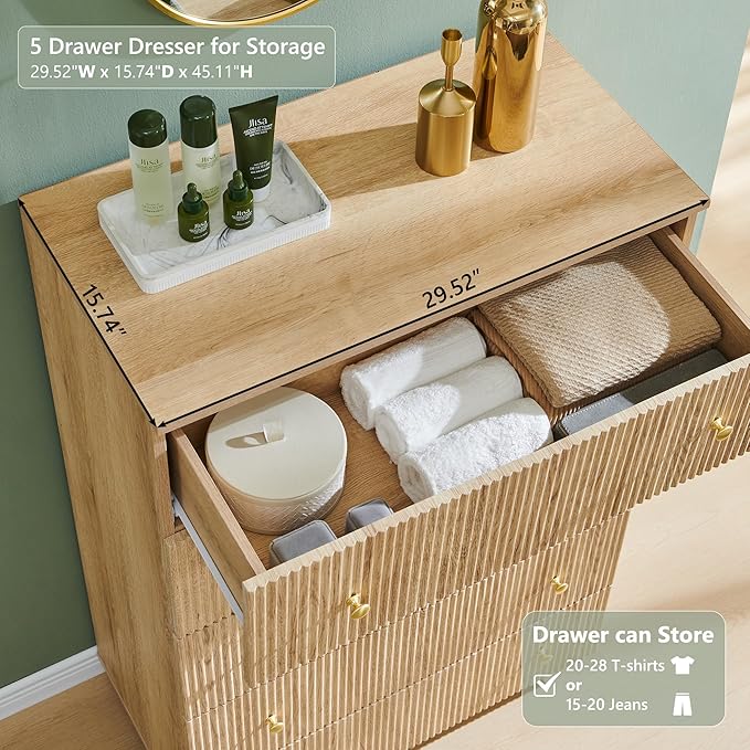 Fluted Dresser for Bedroom, 5 Drawer Dressers, Wood Tall Dresser Storage Organizer, Chest of Drawers with Deep Storage, Modern Bedroom Chest for Closet Hallway, Entryway, Living Room, Natural