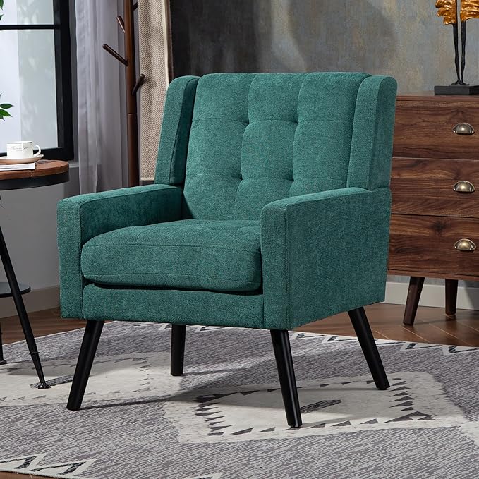 Mid-Century Modern Accent Chair, Plush Linen Fabric with Button Tufted High Back & 5" Thick Cushion, High Comfort Reading Chair for Living Room, Bedroom, Office (Green)