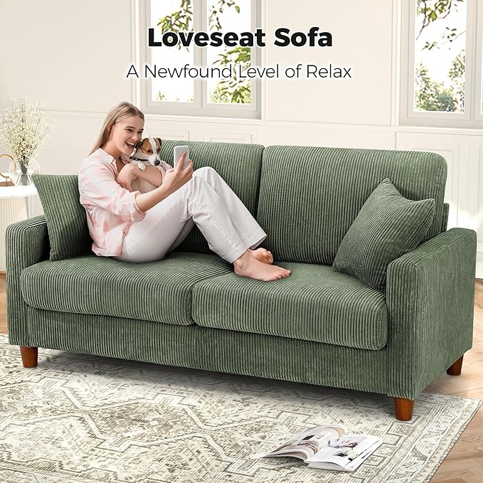 70in Corduroy Couch, Kidirect Sofa No Tool Assembly, Comfy Couches for Living Room 21in Deeper Seats, Corduroy Sofas for Living Room with 2 Pillows, Oversized Loveseat Sofa, Boho Love Seat Green Couch